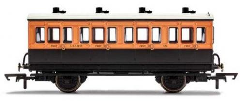R40107 Hornby LSWR, 4 Wheel Coach, 1st Class, Fitted Lights, 123