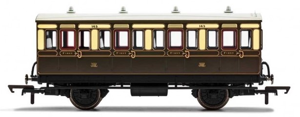 R40111 Hornby GWR, 4 Wheel Coach, 1st Class, Fitted Lights, 143